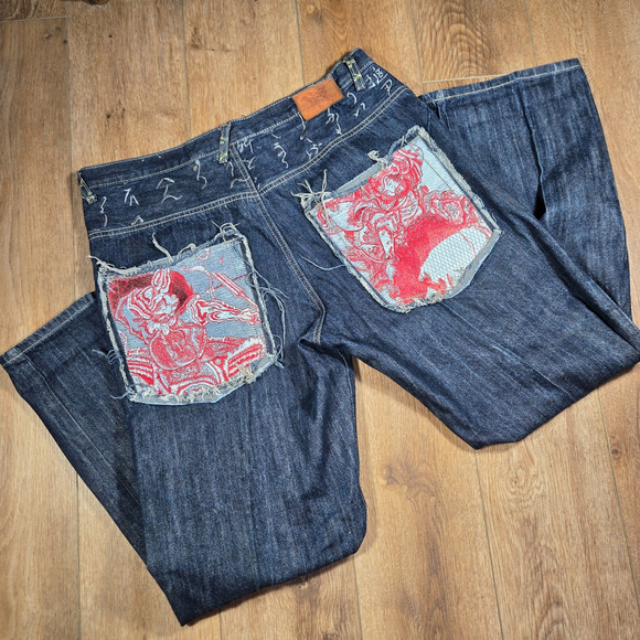Kanji Premium Jeans 38x34 Men’s Embroidered Samurai Denim Japanese Streetwear